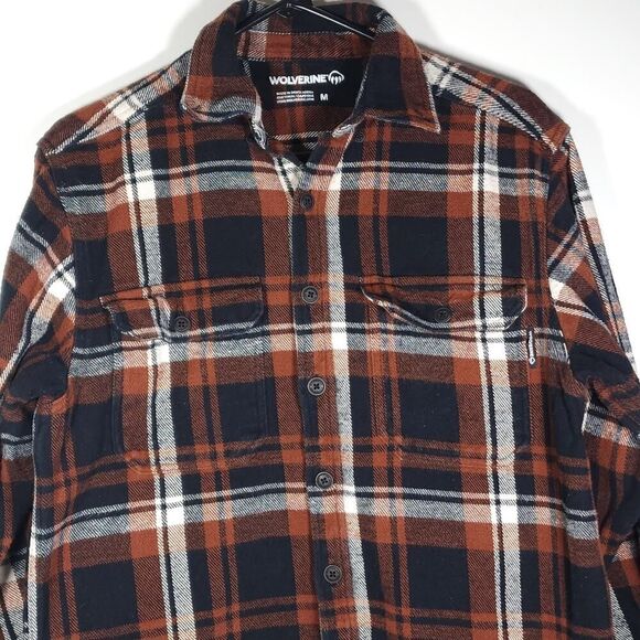 Wolverine Men's Sz M Brown Thick Flannel Plaid Long sleeve Button Down Shirt - Picture 2 of 9